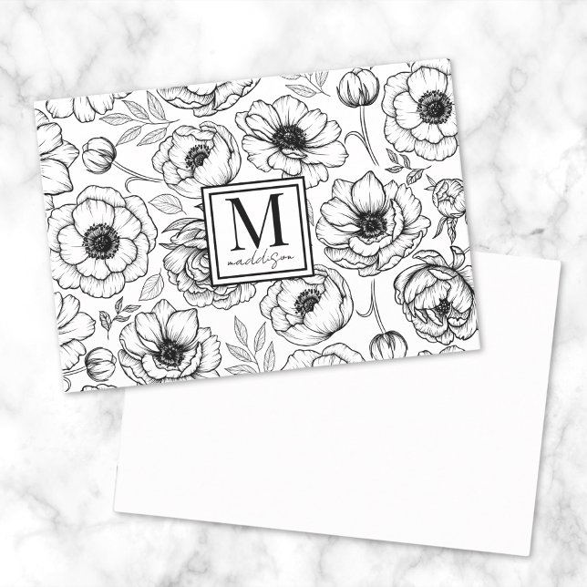 Carte De Correspondance Monogramme floral noir et blanc (Black White Floral Monogram Note Card)