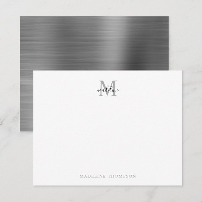 Carte De Correspondance Monogramme gris argenté simple et moderne (Devant / Derrière)