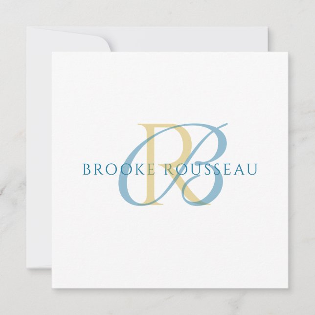Carte De Correspondance Monogramme Initial Élégant Bleu Or (Devant)