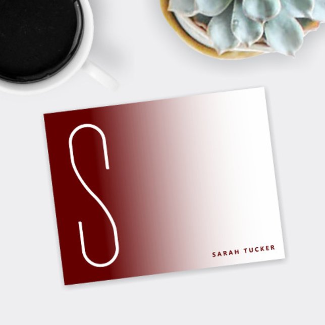 Carte De Correspondance Monogramme mince moderne foncé rouge Fade Professi (Thin monogram dark red / burgundy ombre flat note card)