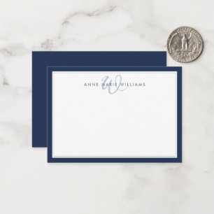 Carte De Correspondance Monogramme minimaliste à deux bordures bleu marine