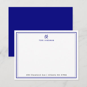 Carte De Correspondance Monogramme Minimaliste Bleu Nuit Deux Bordures Pla