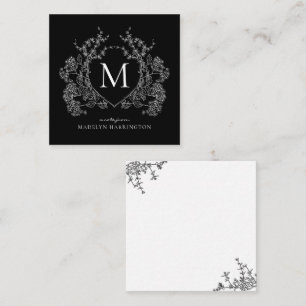 Carte De Correspondance Monogramme moderne de crête florale noire et blanc