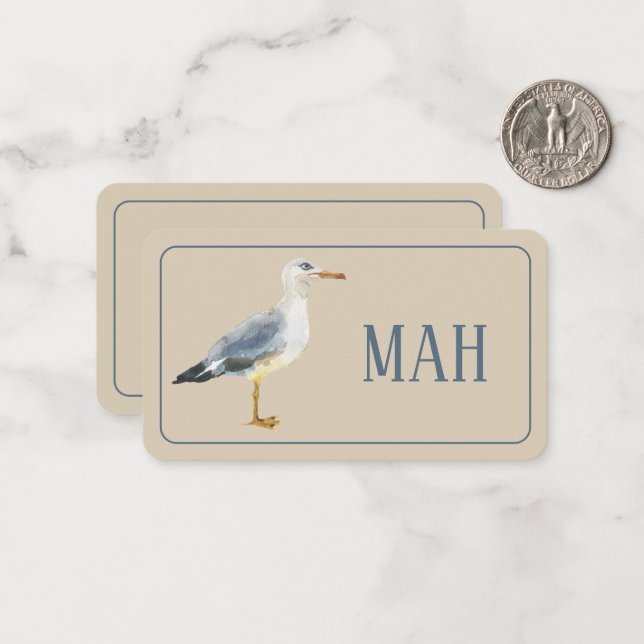 Carte De Correspondance Monogramme Mouette Plage Aquarelle (Devant/Arrière en situation)