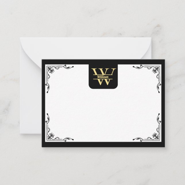 Carte De Correspondance Monogramme noir et or | Écriture initiale élégante (Devant)
