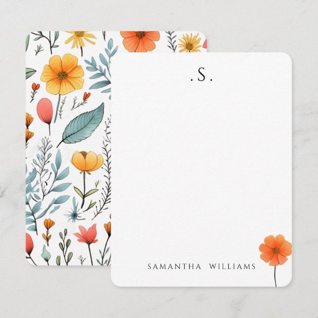 Carte De Correspondance Monogramme & Nom Floral Aquarelle Botanique (Devant / Derrière)