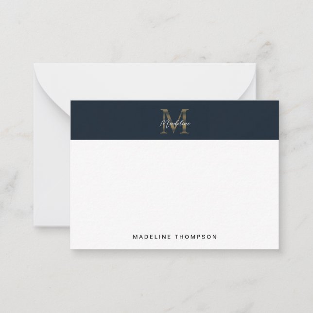 Carte De Correspondance Monogramme Or Bleu Nuit Métallisé Script Minimal (Devant)