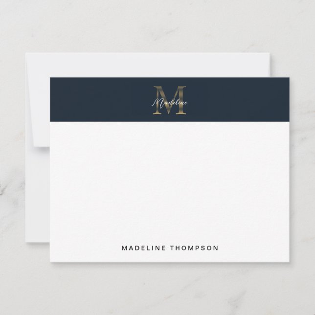 Carte De Correspondance Monogramme Or Bleu Nuit Métallisé Script Minimalis (Devant)