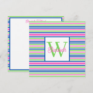 Carte De Correspondance Monogramme Rayé Rose Vert et Bleu Marine Prépa