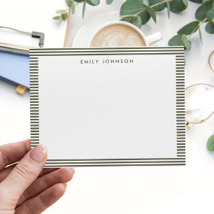 Carte De Correspondance Monogramme Rayures Vert Olive Minimaliste