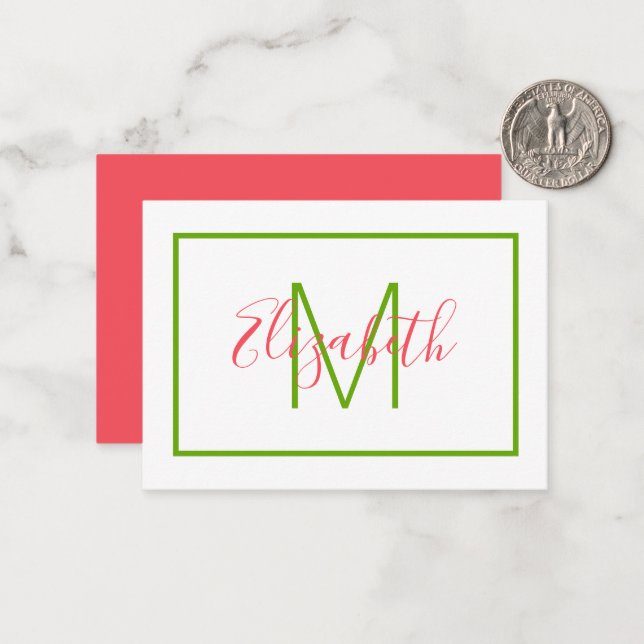 Carte De Correspondance Monogramme Rose et Vert Prépa (Devant/Arrière en situation)