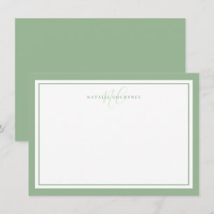 Carte De Correspondance Monogramme Script Deux bordures Minimale Sage Vert