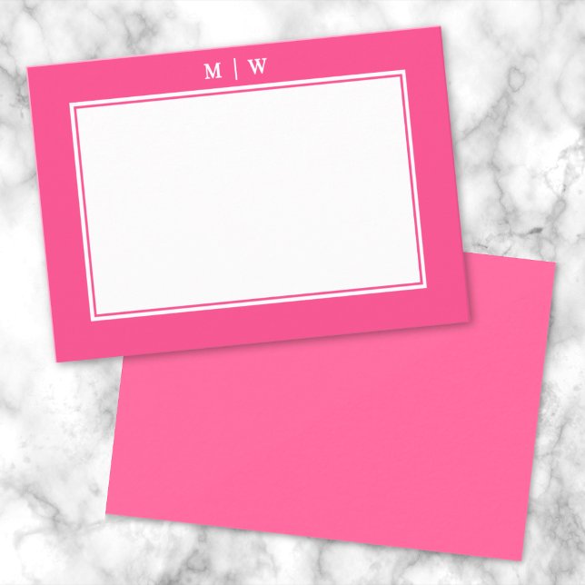 Carte De Correspondance Monogramme simple avec bordure rose vif (Bright Pink Two Border Minimalist Monogram Note Card)