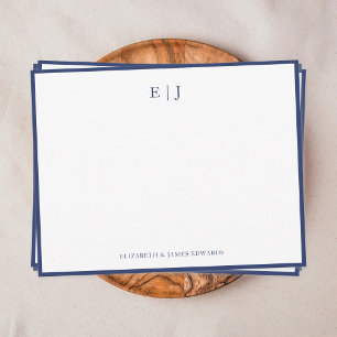 Carte De Correspondance Monogramme Simple de Couple avec Bordure Bleu Mari
