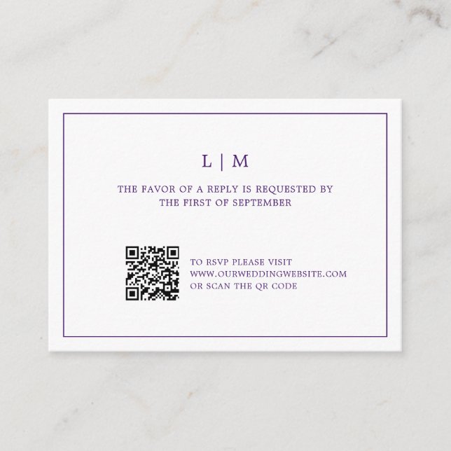 Carte De Correspondance Monogramme simple violet QR Code Mariage RSVP (Devant)