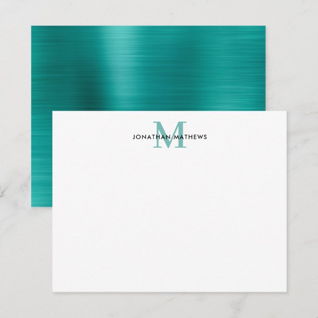 Carte De Correspondance Monogramme Turquoise vert classique en métal bross (Devant / Derrière)