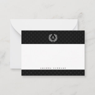 Carte De Correspondance Motif à pois monogramme laurier blanc sur fond noi
