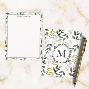 Carte De Correspondance Motif aquarelle de feuilles vertes monogrammées