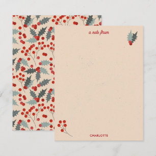 Carte De Correspondance Motif botanique de Noël aux baies de houx modernes