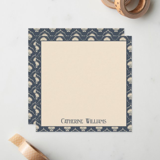 Carte De Correspondance Motif de coquillages bleu profond et crème (Devant/Arrière en situation)