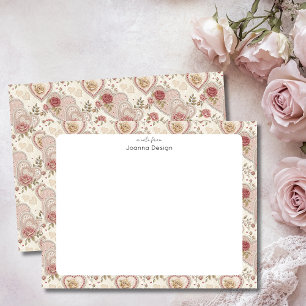 Carte De Correspondance Motif de rose à cœurs festonnés brun ivoire vintag