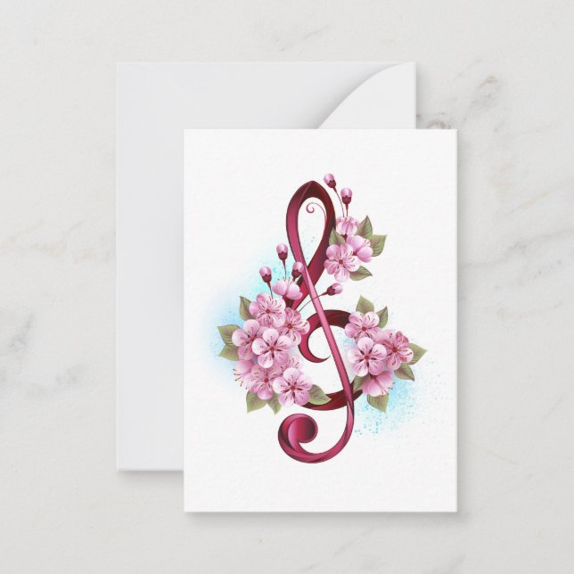 Carte De Correspondance Musical treble clef notes with sakura flowers (Devant)