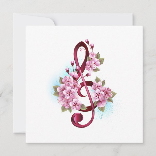 Carte De Correspondance Musical treble clef notes with sakura flowers (Devant)