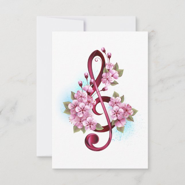 Carte De Correspondance Musical treble clef notes with sakura flowers (Devant)