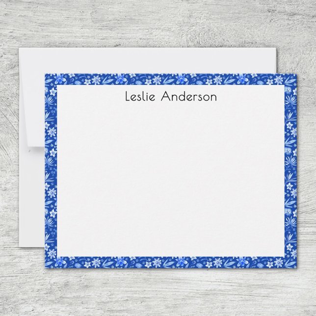 Carte De Correspondance Name, Cobalt Blue Tropical Leaves & Flowers Frame (Créateur téléchargé)