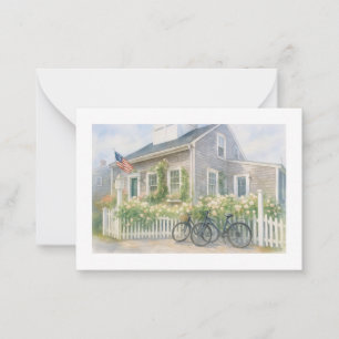 Carte De Correspondance Nantucket Watercolor Cottage côtier avec fleurs
