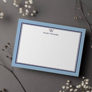 Carte De Correspondance NAVY & BLEU PÂLE Classique Double Cadre Monogramme