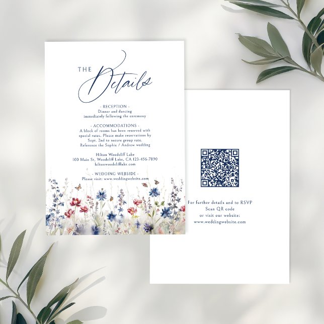Carte De Correspondance Navy Blue Wildflower Rustic QR code Details (Navy Blue Wildflower Rustic QR code Details Note Card)