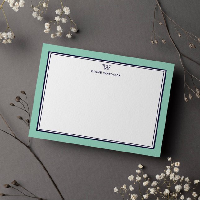 Carte De Correspondance NAVY & LIGHT TEAL Classique Monogramme Double Cadr (Créateur téléchargé)