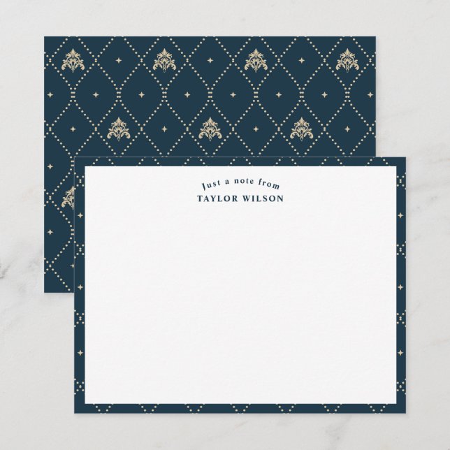 Carte De Correspondance Navy & Or Damask Lattice Personnalisé (Devant / Derrière)