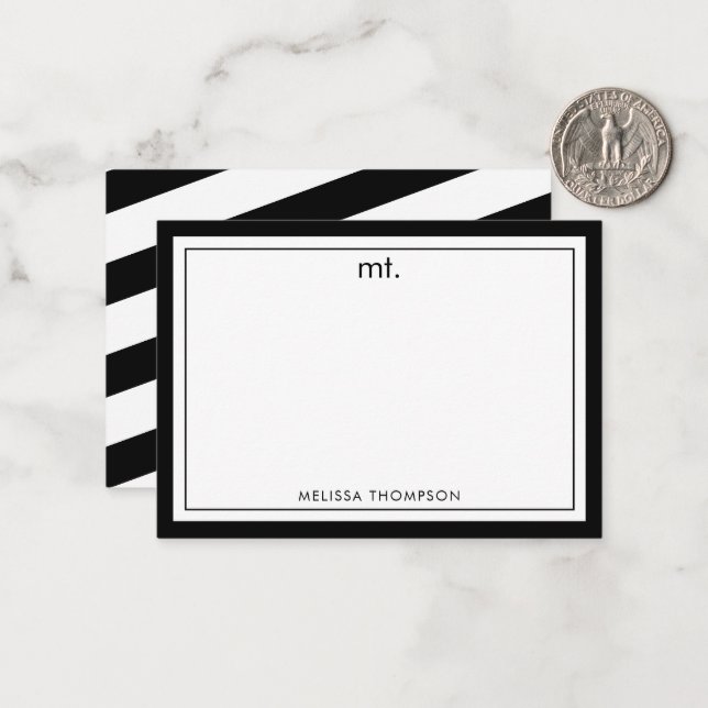 Carte De Correspondance Noir blanc double bordure Monogramme moderne rayé (Devant/Arrière en situation)