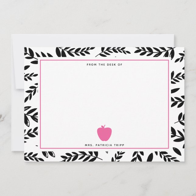 Carte De Correspondance Noir + Blanc Feuillage Pomme rose Enseignant (Devant)