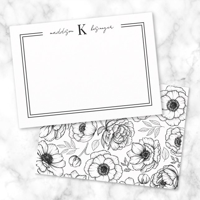 Carte De Correspondance Noir Blanc Floral Monogramme de Nom (Black White Floral Name Monogram Note Card )