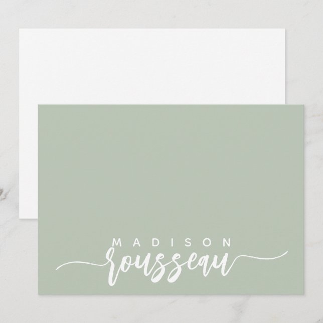 Carte De Correspondance Nom de script moderne Personnalisé Blanc Sage Vert (Devant / Derrière)