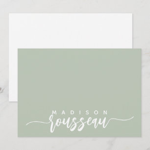Carte De Correspondance Nom de script moderne Personnalisé Blanc Sage Vert