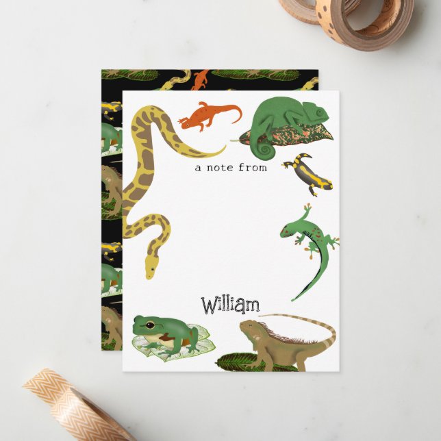 Carte De Correspondance Nom des enfants Reptiles, Lézards & Amphibiens (Devant/Arrière en situation)
