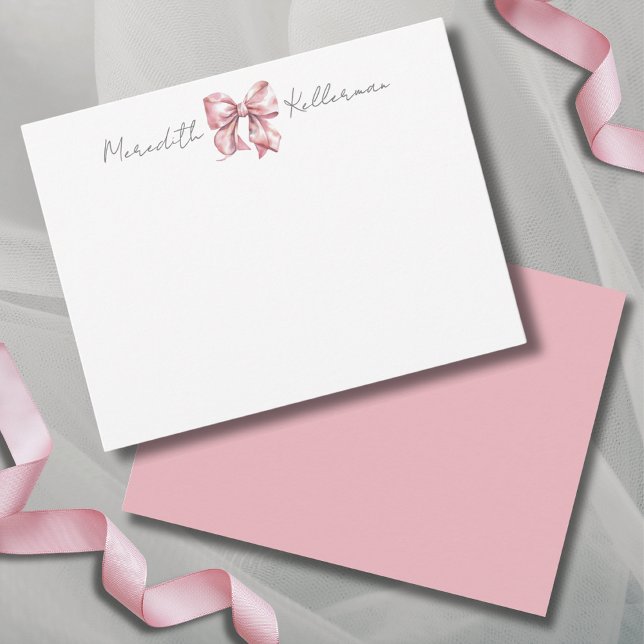 Carte De Correspondance Nom du mât rose personnalisé Monogramme (Personalized Pink Bow Name Monogram Note Card)