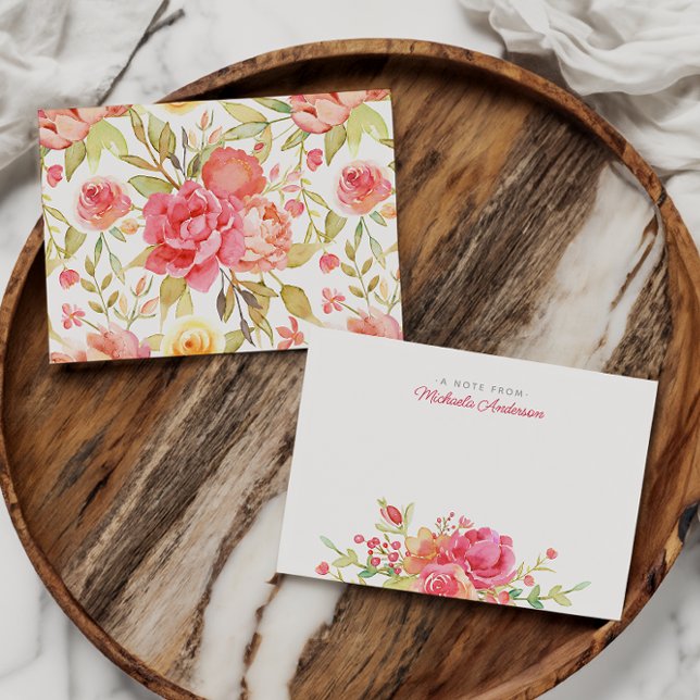 Carte De Correspondance Nom floral & Fleurs aquarelles roses & Feuillage (Créateur téléchargé)