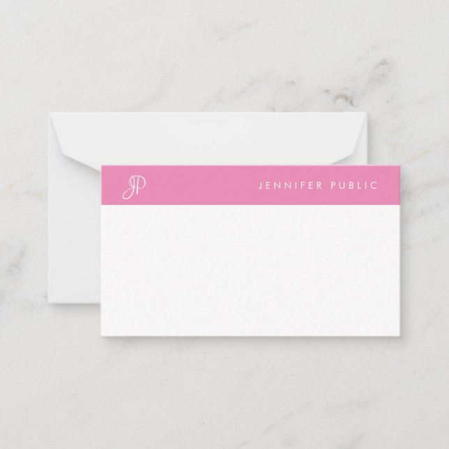 Carte De Correspondance Nom manuscrit Monogramme rose chaud blanc (Devant)