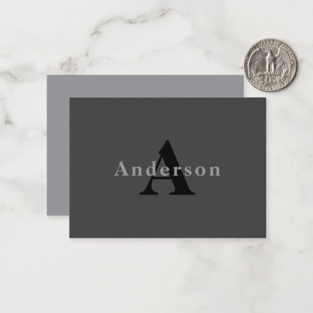 Carte De Correspondance Nom & Monogramme | Gris foncé (Devant/Arrière en situation)