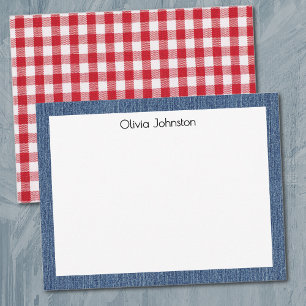 Carte De Correspondance Nom    Tampon Vichy Rouge Blanc Cadre en Denim Ble