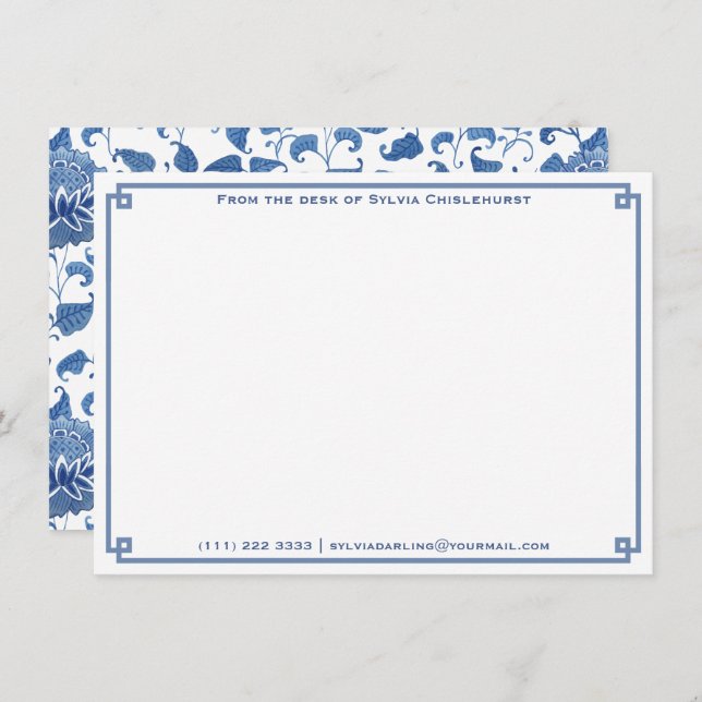 Carte De Correspondance Note de | Chinoiserie Bleue Et Blanche Personnelle (Devant / Derrière)