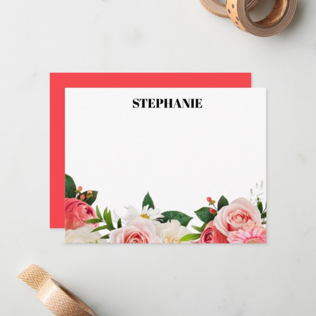 Carte De Correspondance Note Fleurs d'Hydrangea Rouges Aquarelle Personnal (Devant/Arrière en situation)