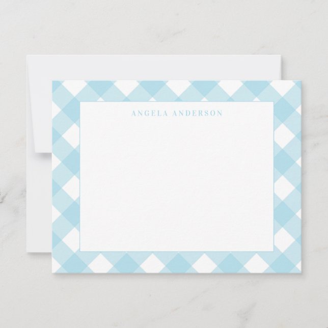 Carte De Correspondance Note moderne à carreaux gingham bleu clair pastel  (Devant)