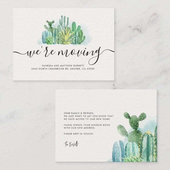 Carte De Correspondance Nous avons déplacé Aquarelle Cactus Changement d'a (Devant / Derrière)