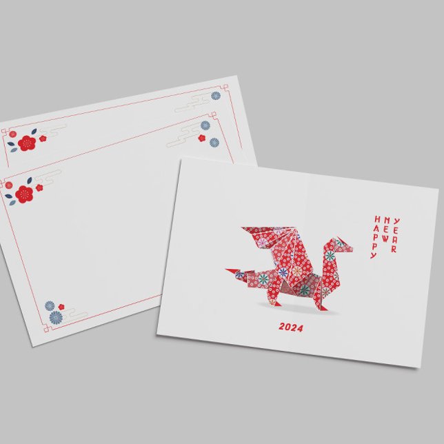 Carte De Correspondance Nouvelle année chinoise 2024 Dragon origami rouge  (Créateur téléchargé)